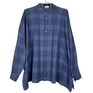 Eskandar Wide Boxy Collarless Button Up Blue Plaid Flannel Size 2 Lagenlook